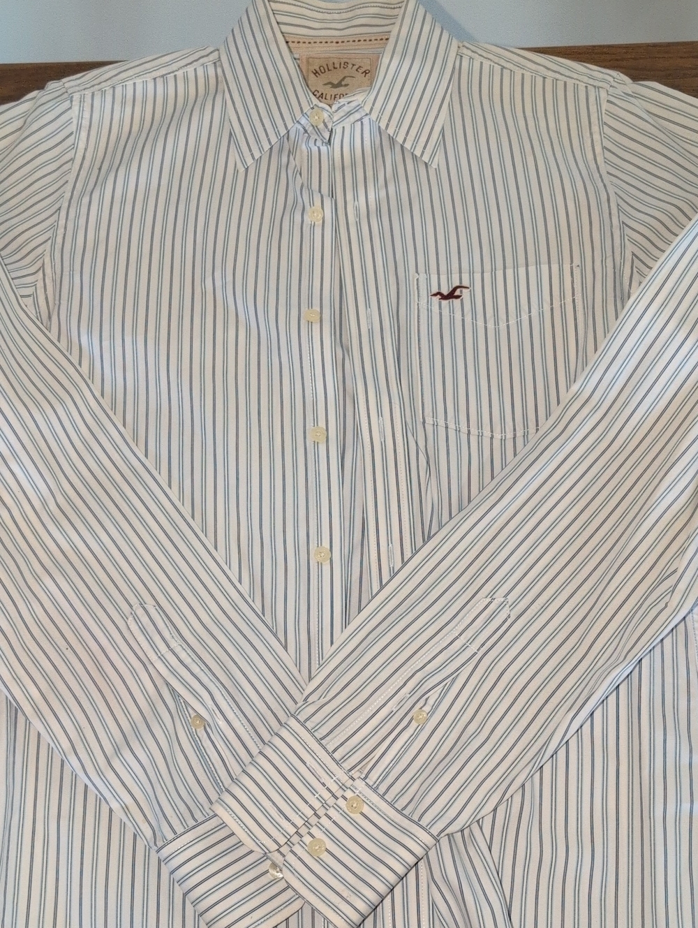 Hollister White Button-Up Shirt with Blue Pinstripes and Red Logo